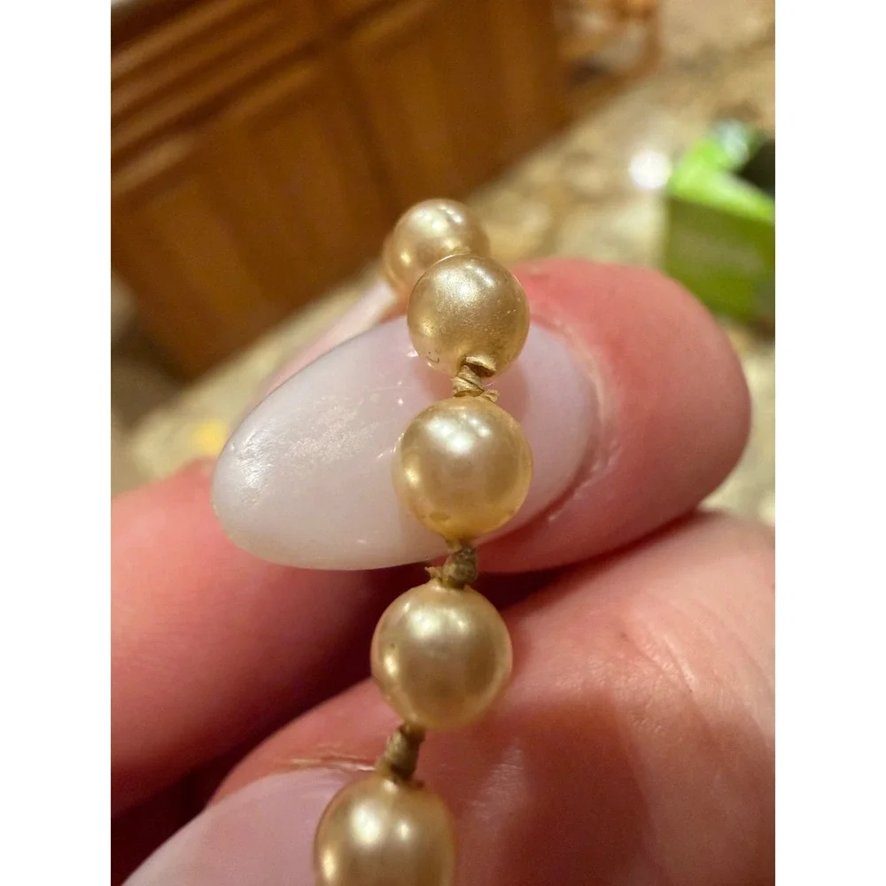 Vintage Graduated Faux Pearl Necklace 10k Gold Clasp Cream Hand Knotted 19.5in